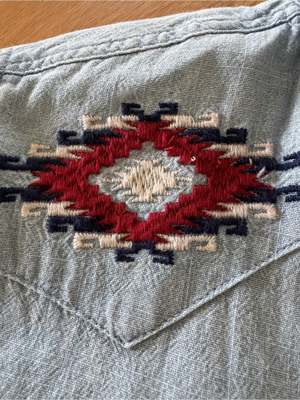 Cavender’s Rock & Roll Cowgirl Embroidered Light Wash Denim Top - Picture 5 of 8